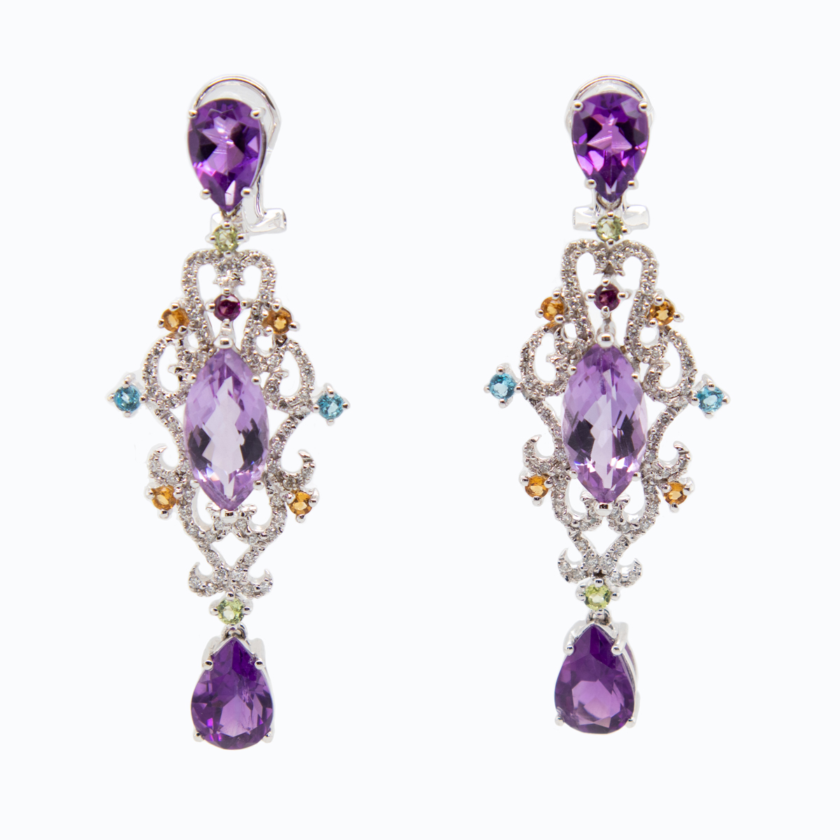 Vintage-inspired Natural Diamonds and Gemstones Drop Earrings, 18k White Gold