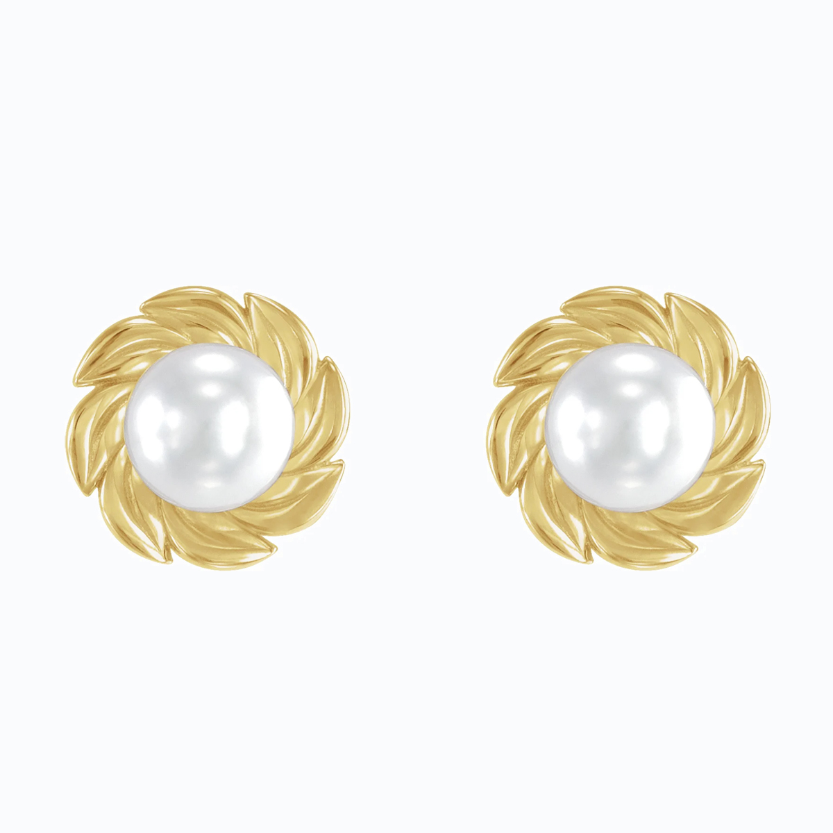 Leaf Motif Cultured Akoya Pearl Stud Earring, 14k Yellow Gold