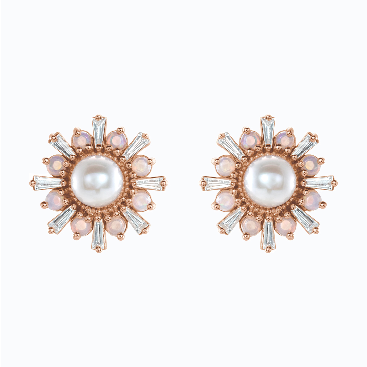 Natural Diamond, Pearl, and Opal Floral Stud Earring, 14k Gold