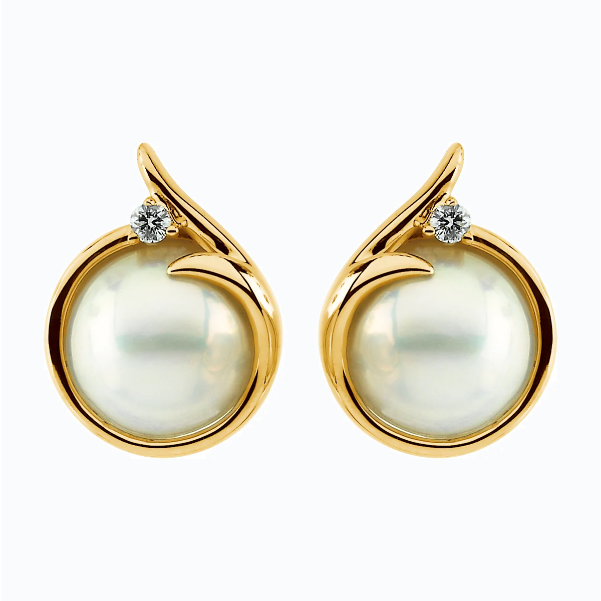 Natural Diamond Accented Mabe Pearl Earrings, 14k Yellow Gold