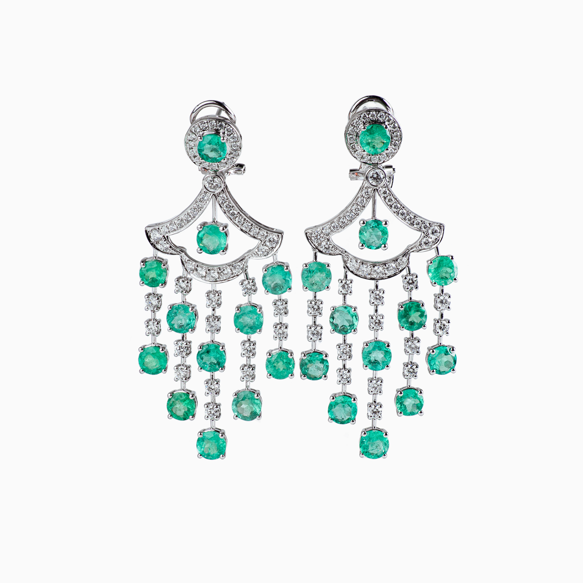 Cocktail Round Emerald and Diamond Chandelier Earrings, 18k White Gold