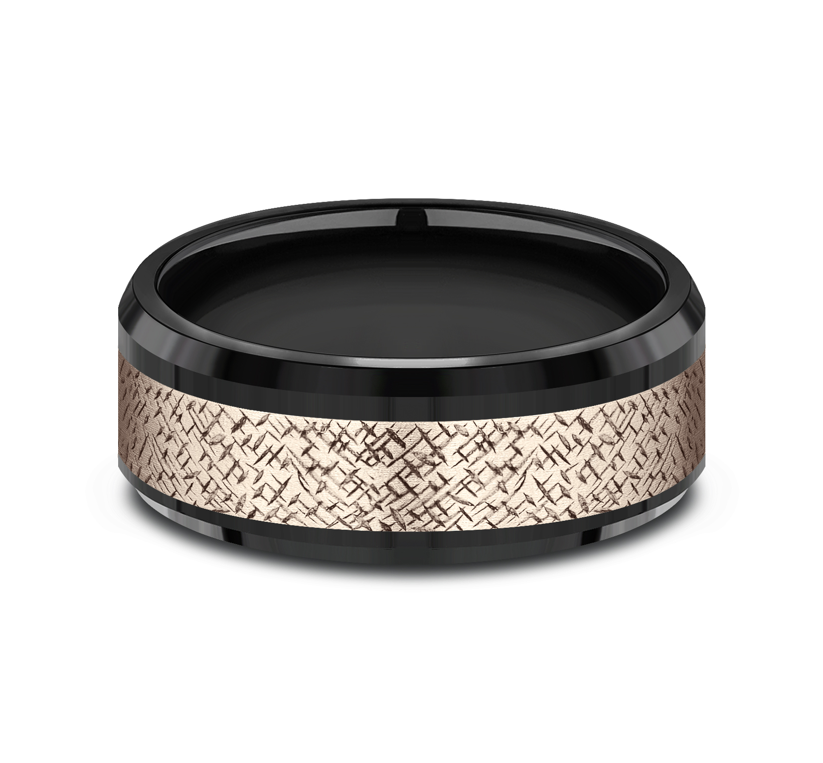 Crosshatch Patterned 14k Rose Gold Center Titanium Man's Band, 8mm