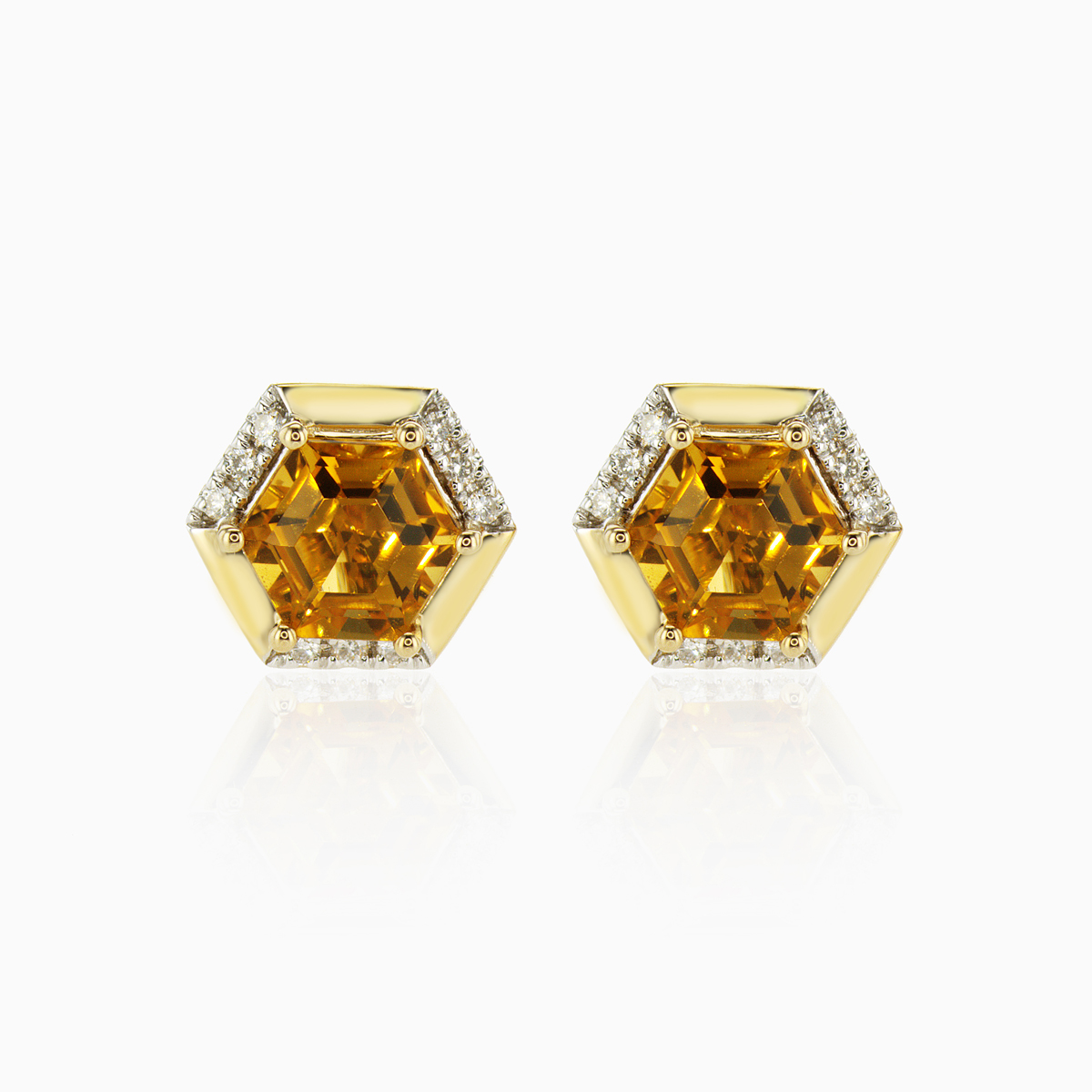 Natural Hexagon Citrine & Diamond Stud Earrings, 14k Gold